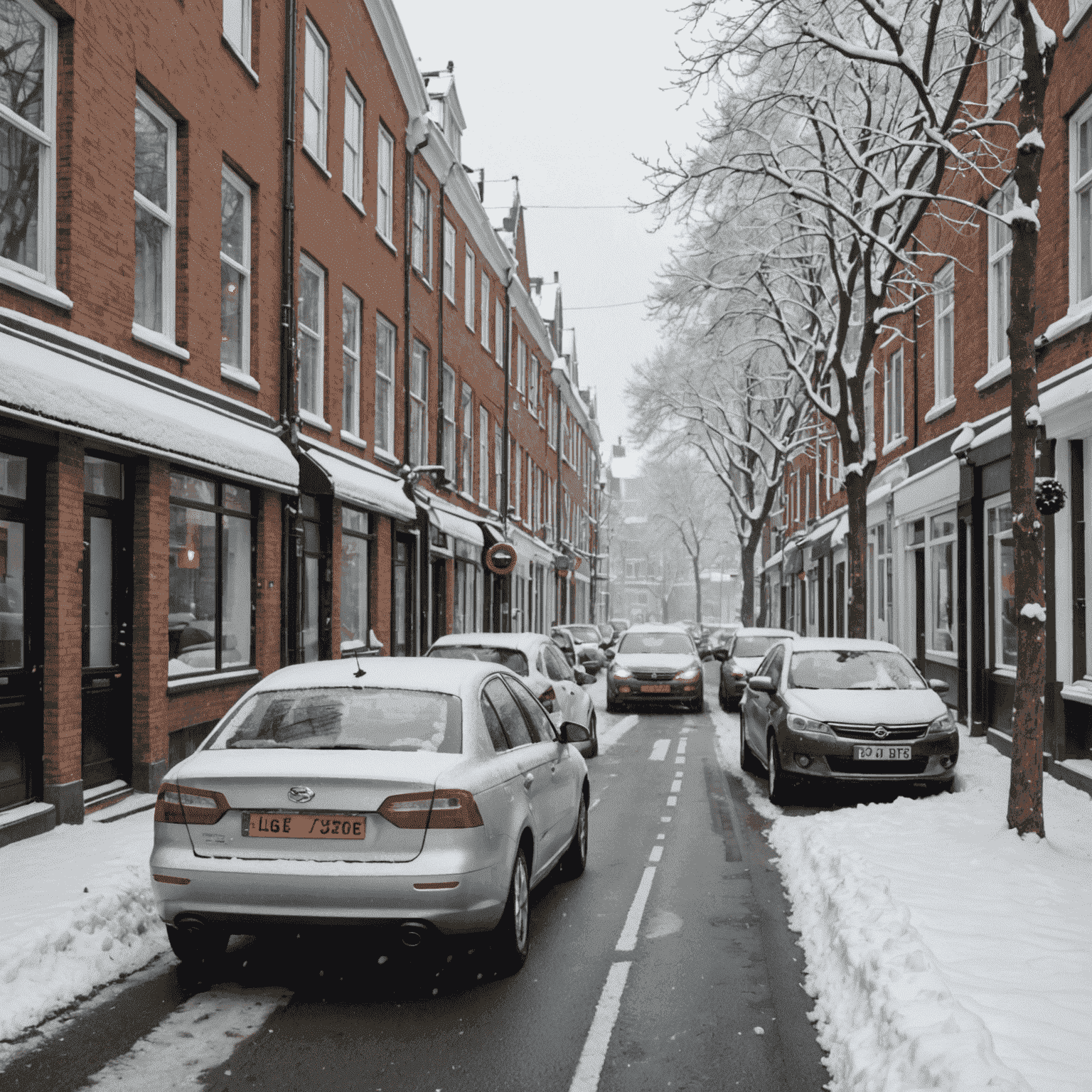 Een Nederlandse straat met geparkeerde auto's in de winter, bedekt met sneeuw, wat de noodzaak van seizoensgebonden autoverzekering illustreert