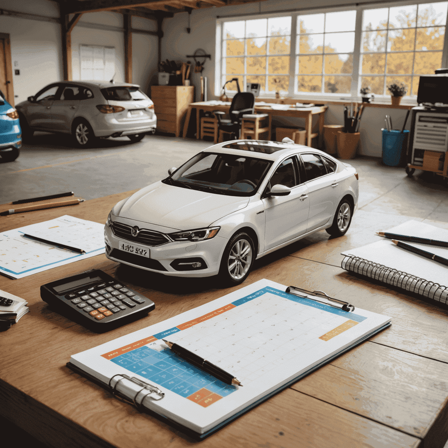 Een auto geparkeerd in een garage met een kalender en rekenmachine ernaast, wat de seizoensgebonden aard van de verzekering symboliseert